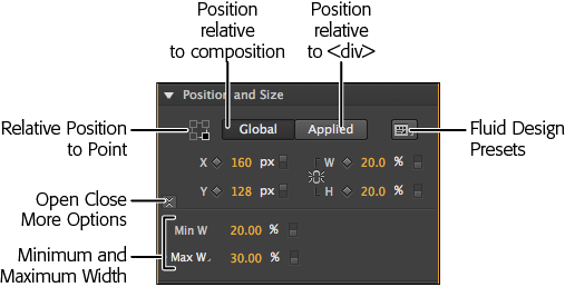 When you’re ready to create fluid designs that respond to different browser shapes and sizes head over to the Properties panel for the stage and various elements. The tools you need are in the Position and Size panel. Don’t forget to click the little button in the lower-left corner to show all the available options.