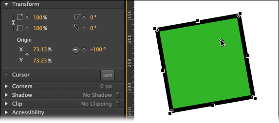 The transform origin point is the center of the universe when it comes to rotating, skewing, or scaling elements on the stage. You can reposition the transform origin using the X and Y properties shown here.