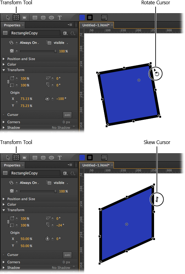 You can make your transformations using the Properties panel or you can use the Transform tool for a hands-on approach. After selecting the Transform tool, move the cursor over the element you want to change, the cursor changes to indicate the transformation that’s about to be performed.Top: With the cursor near the corner you see Rotate cursor.Bottom: With the cursor mid-slide, you see the Skew cursor.