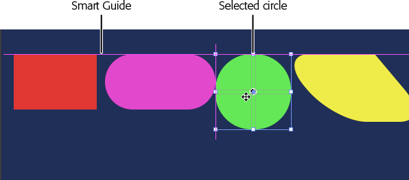 Smart Guides are smart enough to hide when you don’t need them. However, they show up when there’s a job to do. Here the Smart Guide appears to help align the top edge of these four shapes. You can use guides to align any edge or the midpoint of an element.