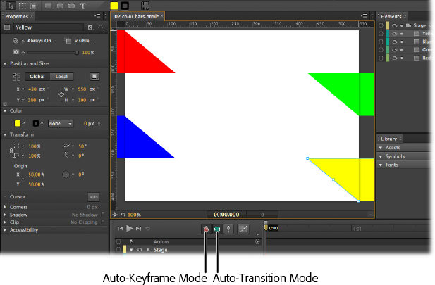 At the outset of the Color Bars animation, the four skewed rectangles start off on opposing sides of the stage. The animation makes them move across the stage and change size and shape.