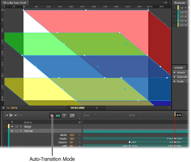 The timeline keeps track of property changes over time. When the Auto-Keyframe button is depressed, the timeline automatically creates property keyframes when you set or change a property. If it is not set, you need to manually create property keyframes by clicking the diamond-shaped buttons next to properties in the Properties panel.