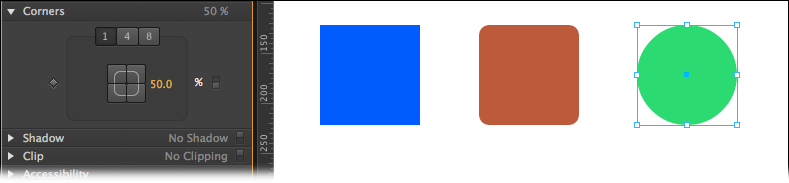 You turn a plain old rectangle into a rounded rectangle or an ellipse by adjusting the Corners properties. These shapes are identical except for their color and the Corners→Radius properties.