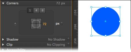 The Corners→Radius tools give you a way to change any of the shapes you create using the Rectangle, Rounded Rectangle, or Ellipse tools. Here a square was rounded into a circle.