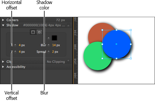 All the controls for creating and modify a drop shadow are grouped together on the Properties panel. You can choose the color, offset position, amount of blurring, and other effects from these widgets.