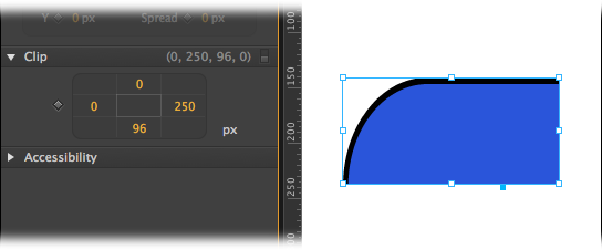 Here, the Clip tool has trimmed off the right and bottom edges of a rounded rectangle. Animate’s native drawing tools are somewhat limited, but creative use of the Clip tool gives you an opportunity to make distinctly non-rectangular shapes.