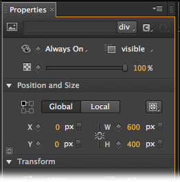 Click the diamond-shaped Add Keyframe buttons to create X, Y, and Opacity keyframes in the timeline. You can set the value for each property independently. If you select more than one element, you can add keyframe properties for them all. When more than one element is selected, no ID is displayed at the top of the Properties panel.