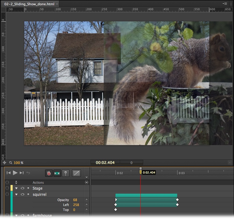 Here in mid-slide, the squirrel is leaving the stage and the farmhouse is revealed underneath. The movement and opacity of the slides is controlled by property keyframes in the timeline.