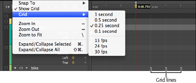 When you turn on the timeline grid, the lines displayed are faint but visible. You can use the Timeline→Grid submenu to choose just the right incremenet for your project.