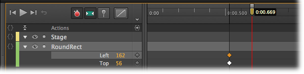 Here the Left and Top properties each have a single keyframe in the timeline. As a result, there won’t be a visible change. It takes two property keyframes with different values to make a change in the timeline.