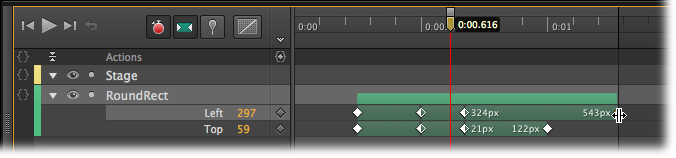 You can change the duration of a transition by dragging the keyframe at the beginning or the end. Here, the keyframe at the end of the Left property is being dragged down the timeline, extending the transition. RoundRect will continue to move horizontally after the vertical motion stops.