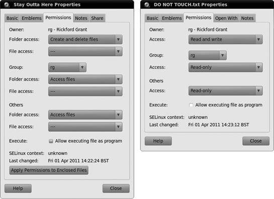 Changing permissions in a Nautilus Properties window for files and folders