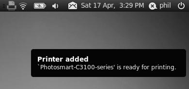 Ubuntu lets you know it has automatically recognized and configured your printer.