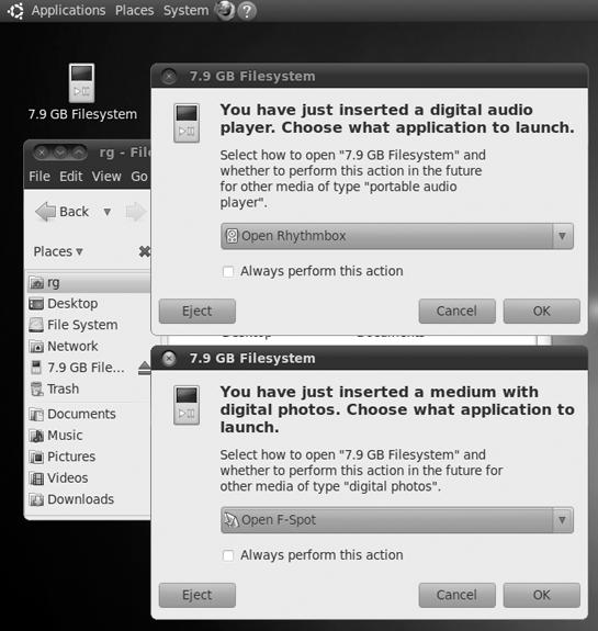 Ubuntu recognizes your Android-powered device and provides you with a number of ways to work with it.