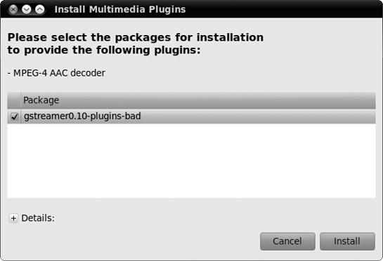 Ubuntu lets you know what plug-ins it finds to allow you to play locked AAC files.