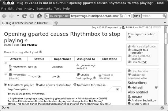 The Launchpad bug report page for my Rhythmbox bug