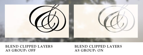 The Blend Clipped Layers as Group causes all clipped layers to blend together first and then blend with underlying layers using the base layer's Blend Mode.