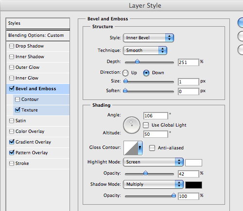 Tweaking the Bevel and Emboss settings