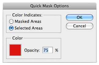 The Quick Mask Options menu allows you to change the color, opacity and target of the overlay.