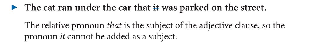 A sentence with edits reads, The cat ran under the car that it was parked on the street. The word it is deleted. 