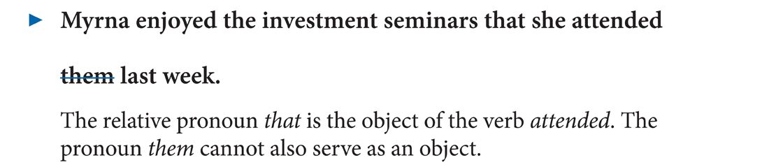 An edited sentence reads, Myrna enjoyed the investment seminars that she attended them last week. The word them is deleted. 