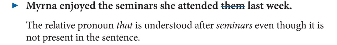 An edited sentence reads, Myrna enjoyed the seminars she attended them last week. The word them is deleted. 