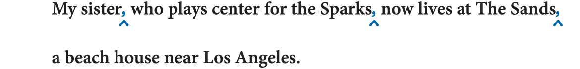 A sentence with edits reads, My sister who plays center for the Sparks now lives at The Sands a beach house near Los Angeles. Three commas are inserted after sister, Sparks, and The Sands.