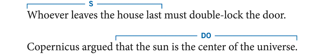 Two sentences are shown. The first sentence reads, Whoever leaves the house last must double-lock the door. The phrase, Whoever leaves the house last is identified as subject. 