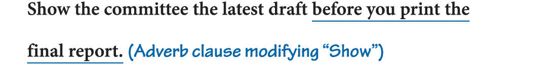 A sentence reads, Show the committee the latest draft before you print the final report. (Adverb clause modifying “Show”). The phrase, before you print the final report is underlined. 