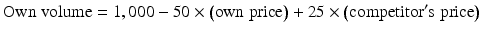 
$$ \mathrm{Own}\;\mathrm{volume}=1,000-50\times \left(\mathrm{own}\;\mathrm{price}\right)+25\times \left(\mathrm{competitor}'\mathrm{s}\;\mathrm{price}\right) $$
