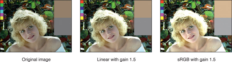 Figure 12.6 Comparison of gain operation in linear vs. sRGB