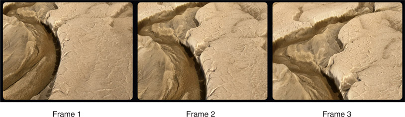 Figure 8.23 Frames from camera flyover displaced terrain