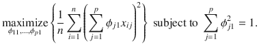 

$$\mathop{\mathrm{maximize}}\limits_{\phi _{11},\ldots,\phi _{p1}}\left \{ \frac{1} {n}\sum _{i=1}^{n}{\left (\sum _{ j=1}^{p}\phi _{ j1}x_{ij}\right )}^{2}\right \}\mbox{ subject to }\sum _{ j=1}^{p}\phi _{ j1}^{2} = 1.$$

