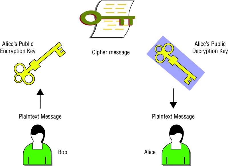 Diagram shows Bob sends plain text message to Alice’s public encryption key, cipher message on top centre, Alice receives plain text message from Alice’s public decryption key.