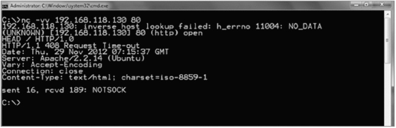 Screen shot of command prompt for administrator: C:\windows\system32\cmd.exe has C:\> nc -vv 192.168.118.130 80, 192.168.118.130: inverse host lookup failed, et cetera written.