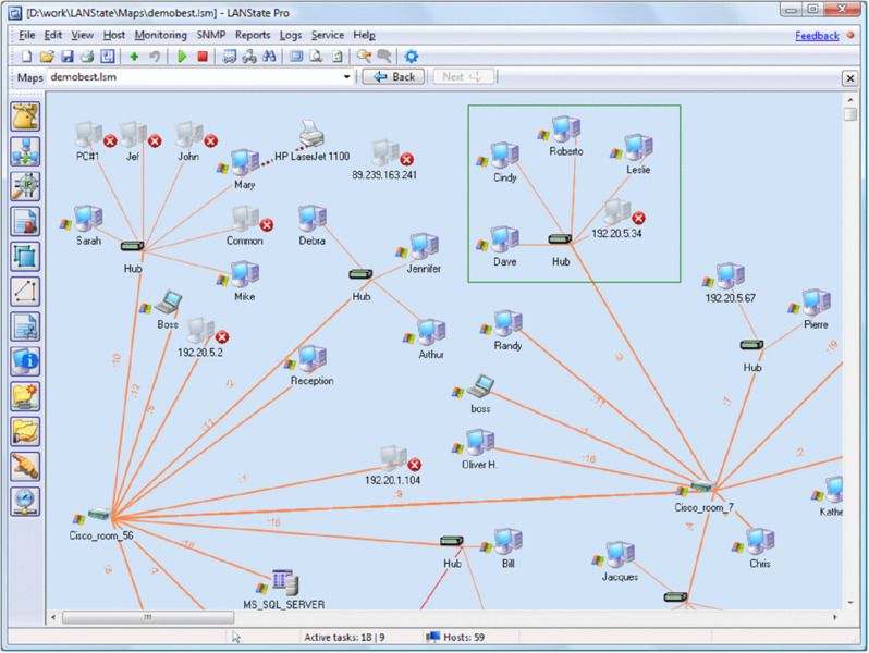 Screenshot of window for [D:\work\LANState\Maps\demobest.Ism] - LANState Pro has several connections of computers connected to hubs in start topology.