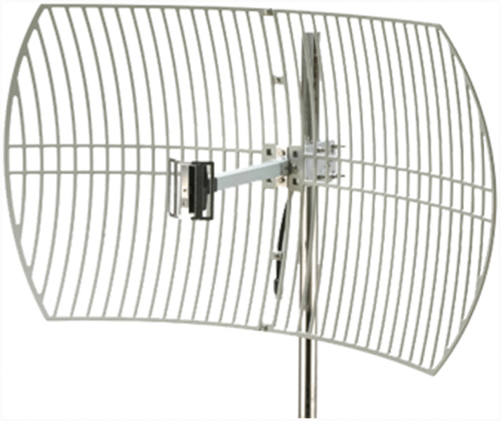 Photograph shows parabolic antenna having parabolic mesh arranged perpendicular to cylindrical rod. Another rod protruding out from centre of mesh and perpendicular to it.