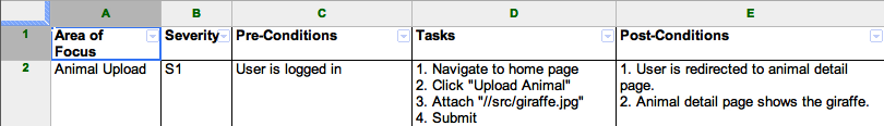 Test case spreadsheet