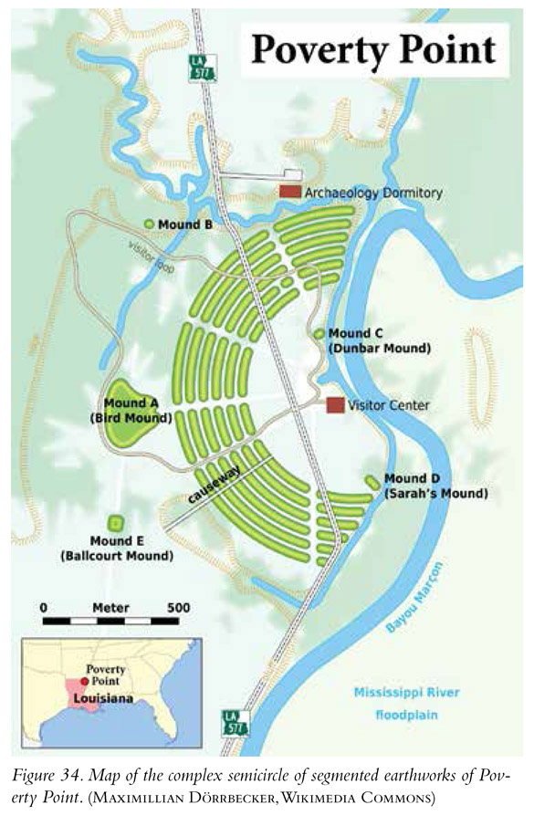 Figure 34. Map of the complex semicircle of segmented earthworks of Poverty Point. (Maximillian Dörrbecker, Wikimedia Commons)