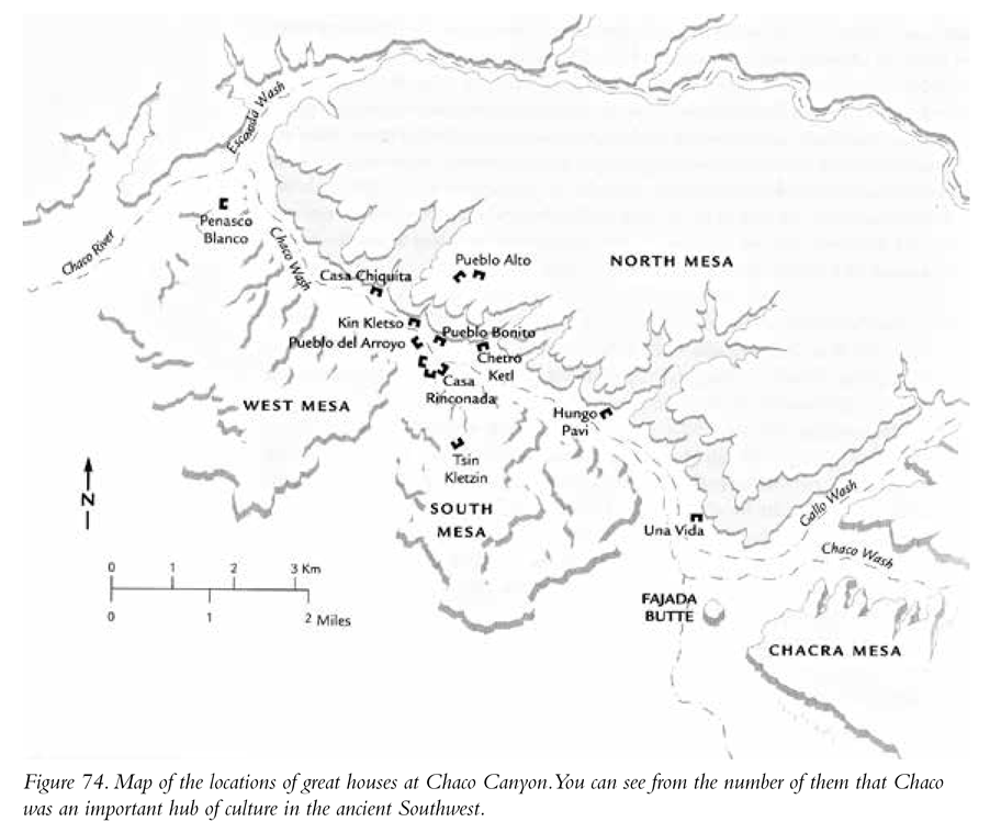 Figure 74. Map of the locations of great houses at Chaco Canyon. You can see from the number of them that Chaco was an important hub of culture in the ancient Southwest.