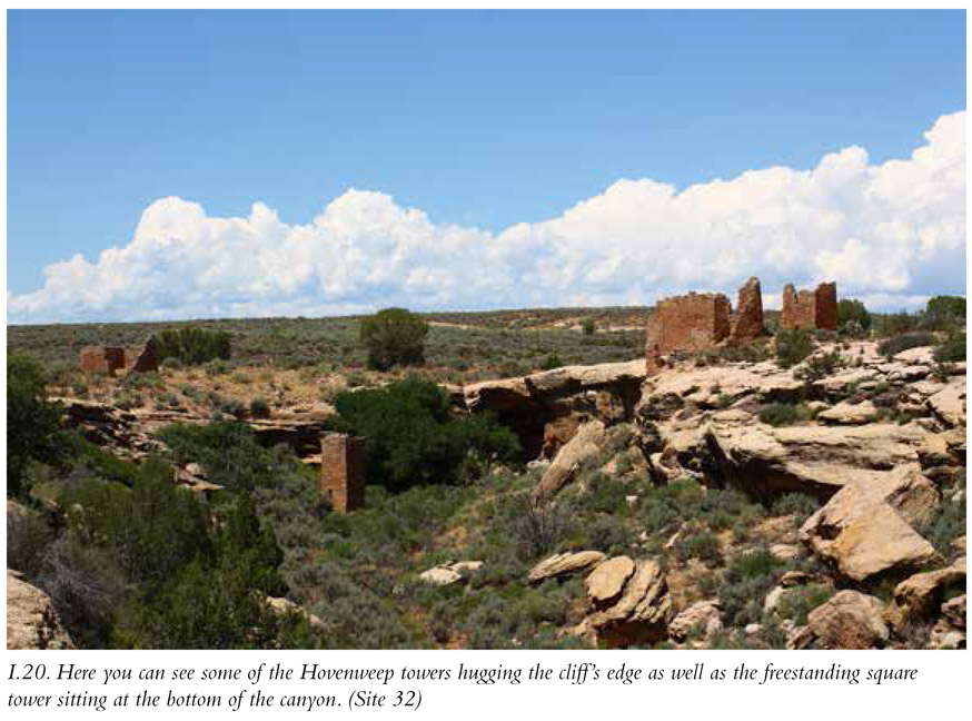 I.20. Here you can see some of the Hovenweep towers hugging the cliff’s edge as well as the freestanding square tower sitting at the bottom of the canyon. (Site 32)