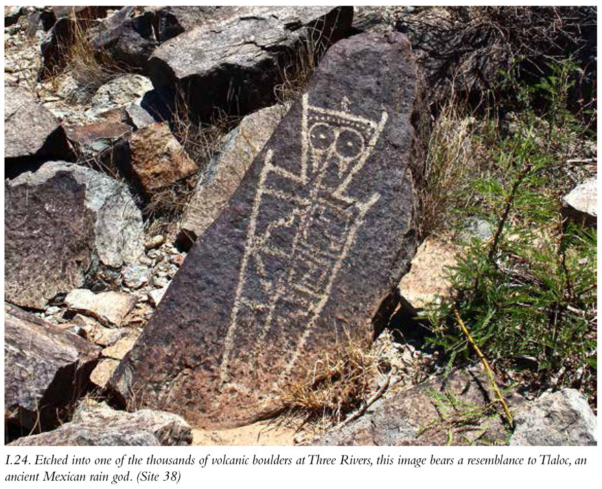 I.24. Etched into one of the thousands of volcanic boulders at Three Rivers, this image bears a resemblance to Tlaloc, an ancient Mexican rain god. (Site 38)