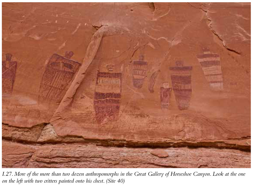 I.27. More of the more than two dozen anthropomorphs in the Great Gallery of Horseshoe Canyon. Look at the one on the left with two critters painted onto his chest. (Site 40)