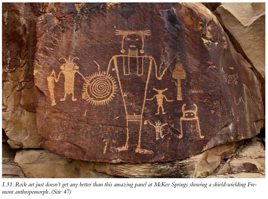 I.31. Rock art just doesn’t get any better than this amazing panel at McKee Springs showing a shield-wielding Fremont anthropomorph. (Site 47)