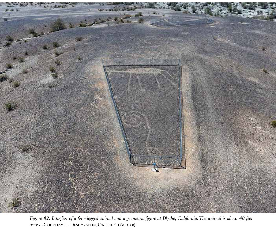 Figure 82. Intaglios of a four-legged animal and a geometric figure at Blythe, California. The animal is about 40 feet across. (Courtesy of Desi Ekstein, On the Go Video!)