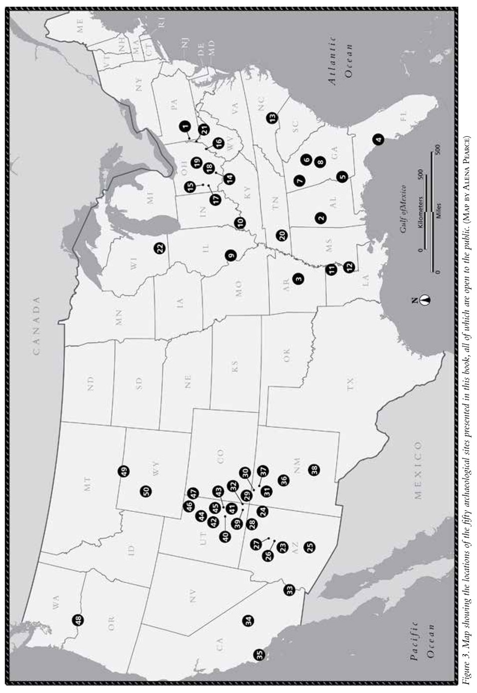 Figure 3. Map showing the locations of the fifty archaeological sites presented in this book, all of which are open to the public. (Map by Alena Pearce)