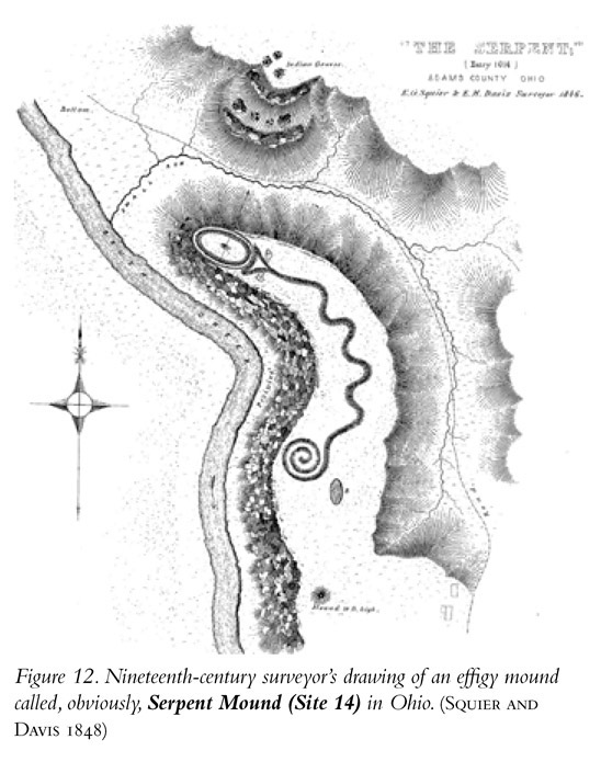 Figure 12. Nineteenth-century surveyor’s drawing of an effigy mound called, obviously, Serpent Mound (Site 14) in Ohio. (Squier and Davis 1848)