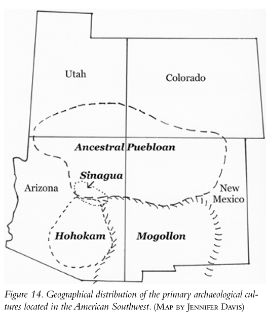 Figure 14. Geographical distribution of the primary archaeological cultures located in the American Southwest. (Map by Jennifer Davis)