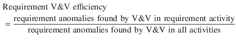 $$ \begin{aligned} & {\text{Requirement}}\,\,{\text{V}}{\& }{\text{V}}\,\,{\text{efficiency}} \\ & = \frac{{{\text{requirement}}\,\,{\text{anomalies}}\,\,{\text{found}}\,\,{\text{by}}\,\,{\text{V}}{\& }{\text{V}}\,\,{\text{in}}\,\,{\text{requirement}}\,\,{\text{activity}}}}{{{\text{requirement}}\,\,{\text{anomalies}}\,\,{\text{found}}\,\,{\text{by}}\,\,{\text{V}}{\& }{\text{V}}\,\,{\text{in}}\,\,{\text{all}}\,\,{\text{activities}}}} \\ \end{aligned} $$