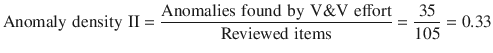 $$ {\text{Anomaly}}\,\,{\text{density}}\,\,{\text{II}} = \frac{{{\text{Anomalies}}\,\,{\text{found}}\,\,{\text{by}}\,\,{\text{V}}{\& }{\text{V}}\,\,{\text{effort}}}}{{{\text{Reviewed}}\,\,{\text{items}}}} = \frac{35}{105} = 0.33 $$